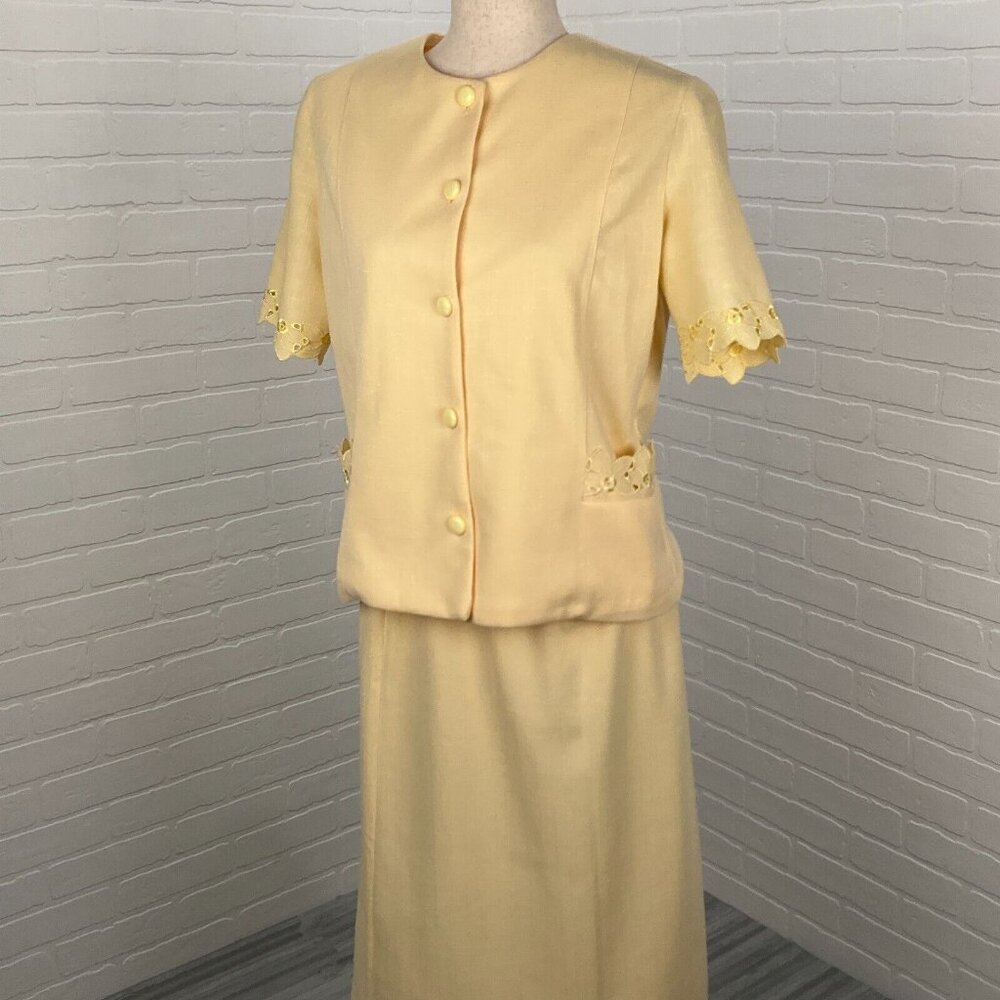 Pablo Skirt Suit Women 10P Yellow Floral Eyelet Secretary Summer 60s 70s VTG